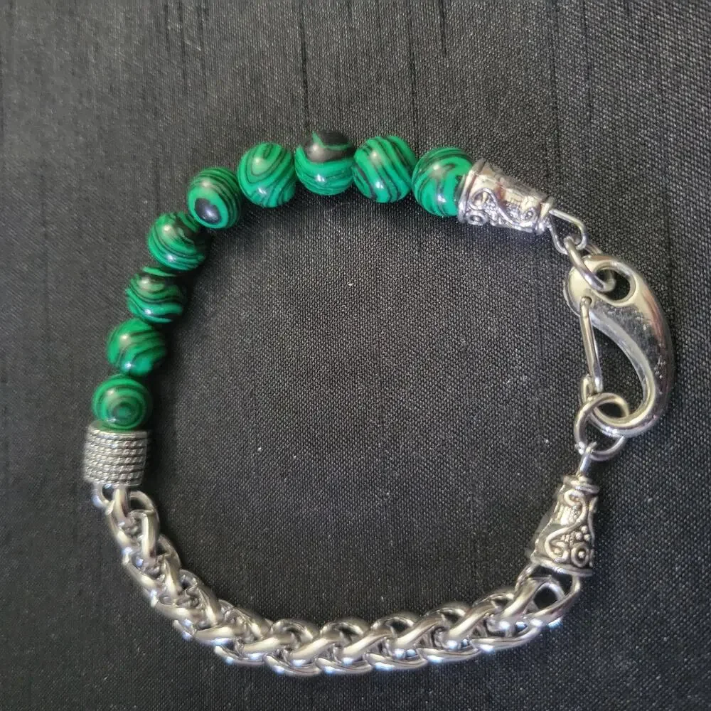Green malachite and stainless steel wheat chain asymmetrical beaded bracelet